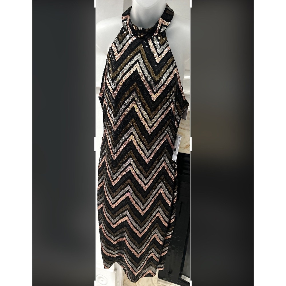 Premier Amour Womens Sequin Halter Chevron Sheath Dress Black Multi Size 4 NWT